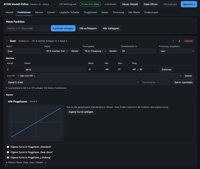 Bildschirmfoto des ATOM Modell-Editors: Funktion mit Servos und Kurve