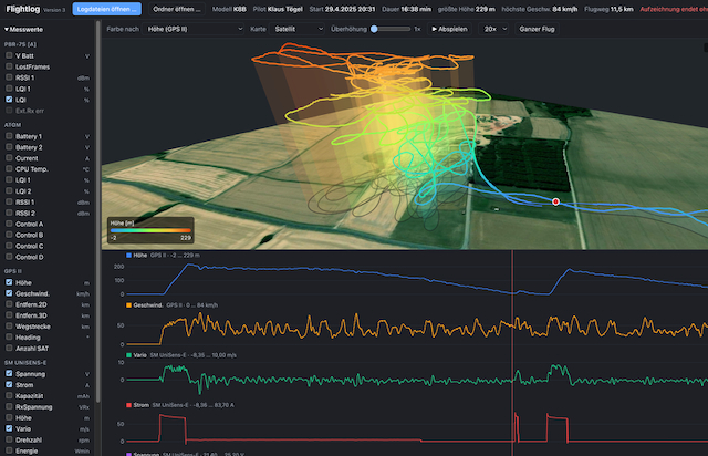 Bildschirmfoto von Flightlog: Flugweg in 3D über dem Luftbild, darunter Messwerte als Verläufe